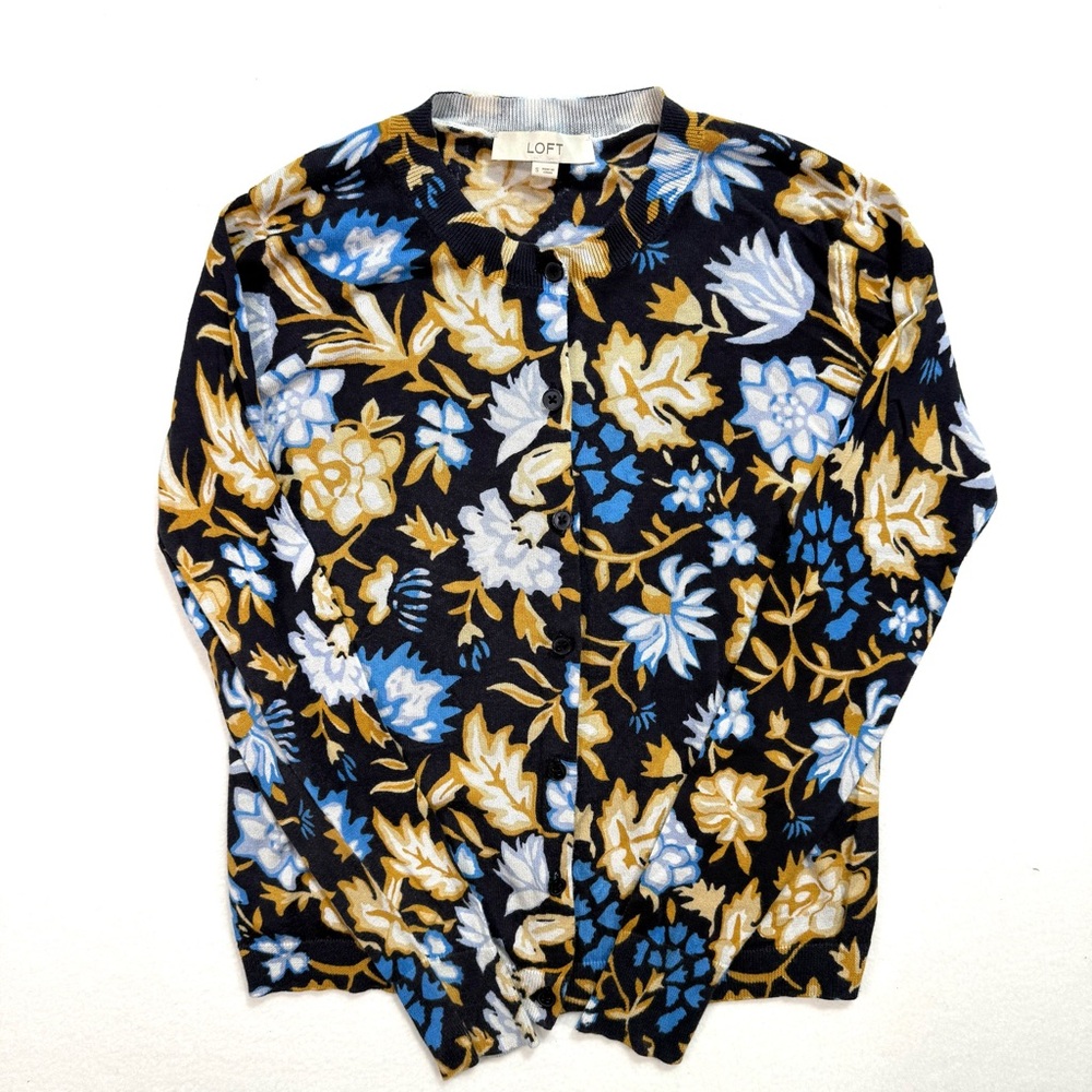 LOFT Womens Decadent Floral Print Button Cardigan Size Small S Sweater Shirt Top